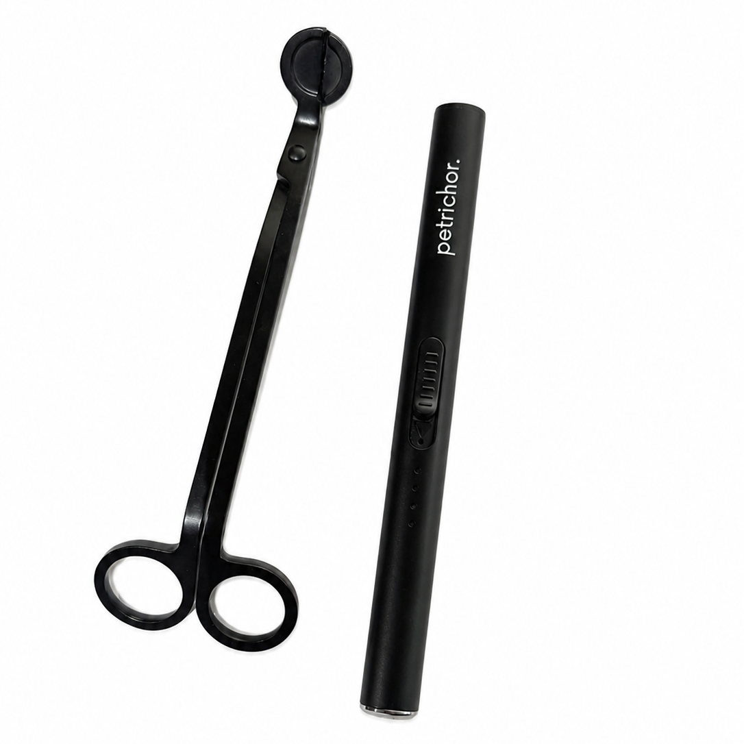 Black candle care set on a white background