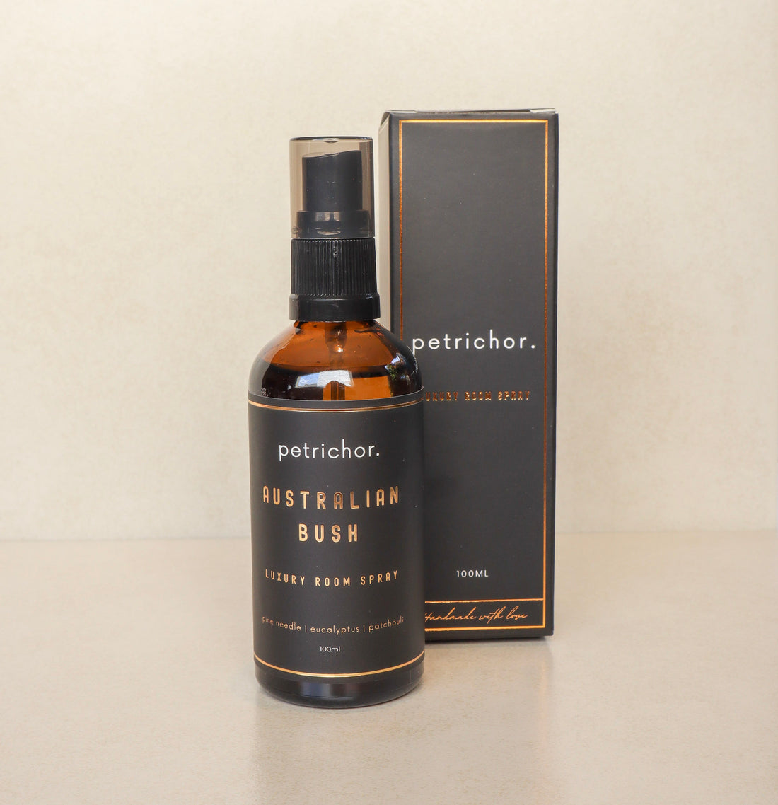 Bottle of petrichor Australian Bush luxury room spray on a white background