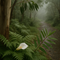 White flower amidst green ferns in a misty forest - Smell of the rain
