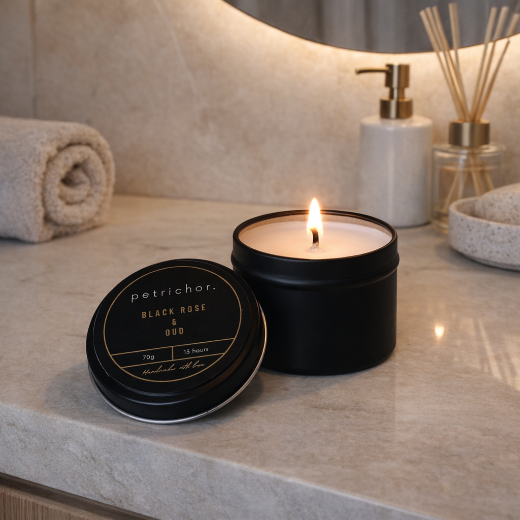 Petrichor candle with lid on a bathroom counter