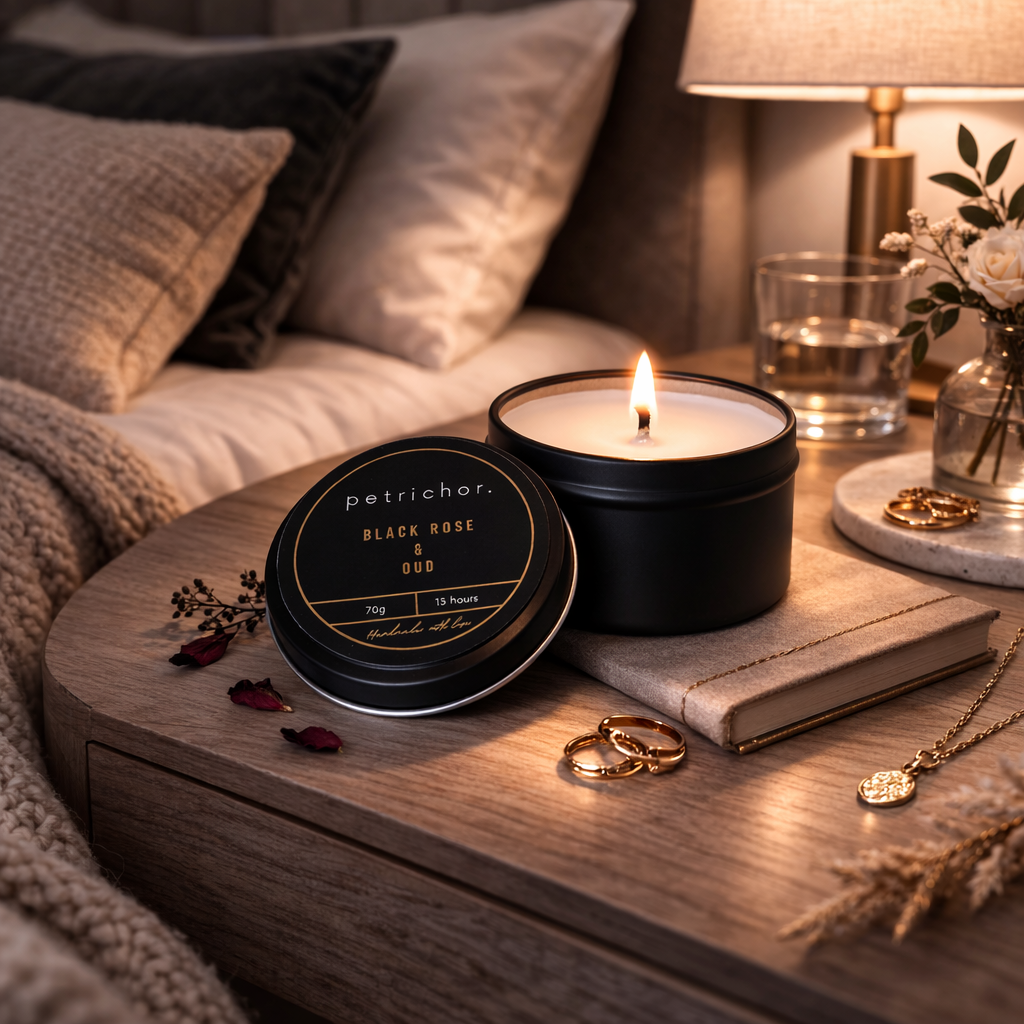Candle with 'Petrichor' packaging on a wooden surface with jewelry and a notebook.