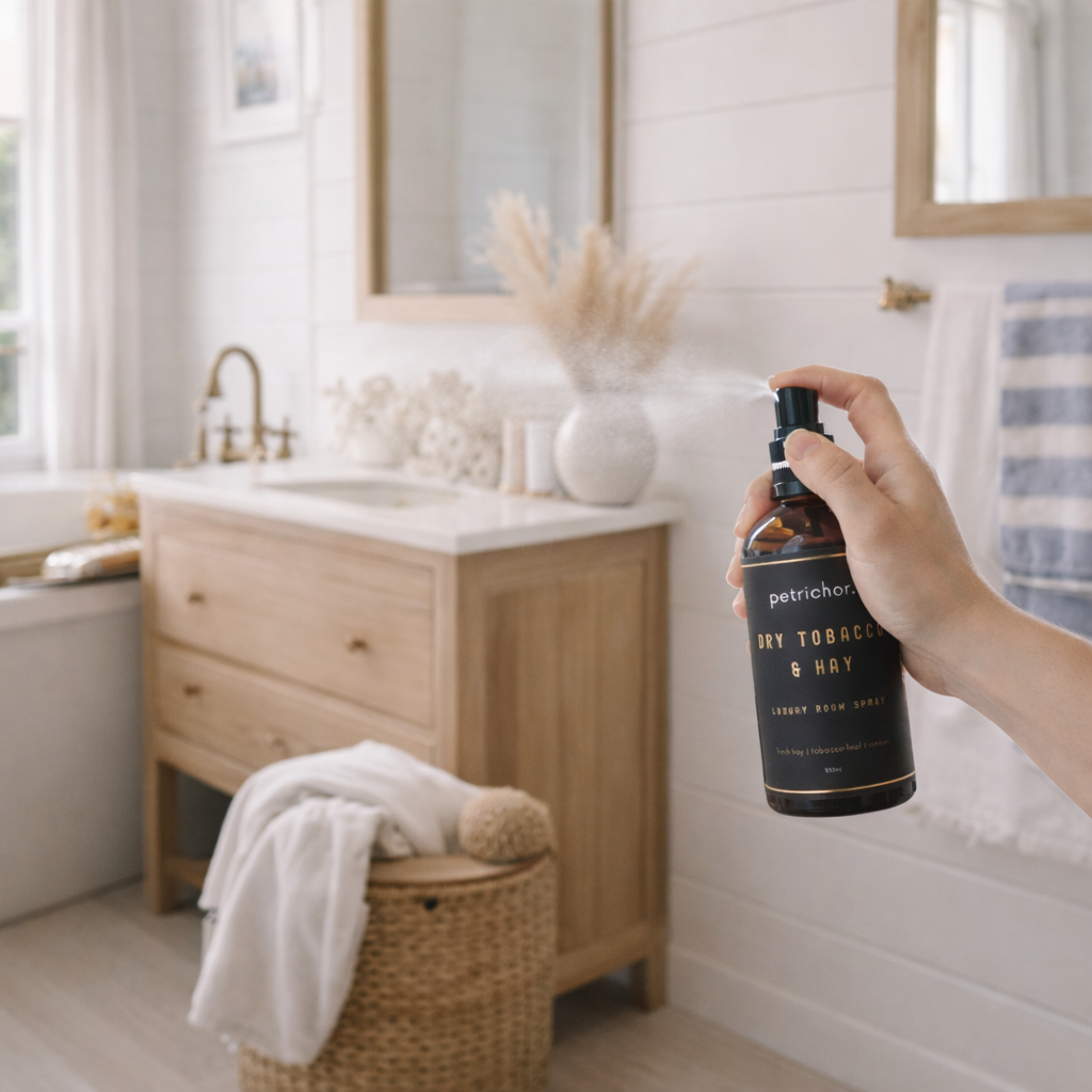 Person holding a bottle of petrichor dry tobacco & hay product in a bathroom.
