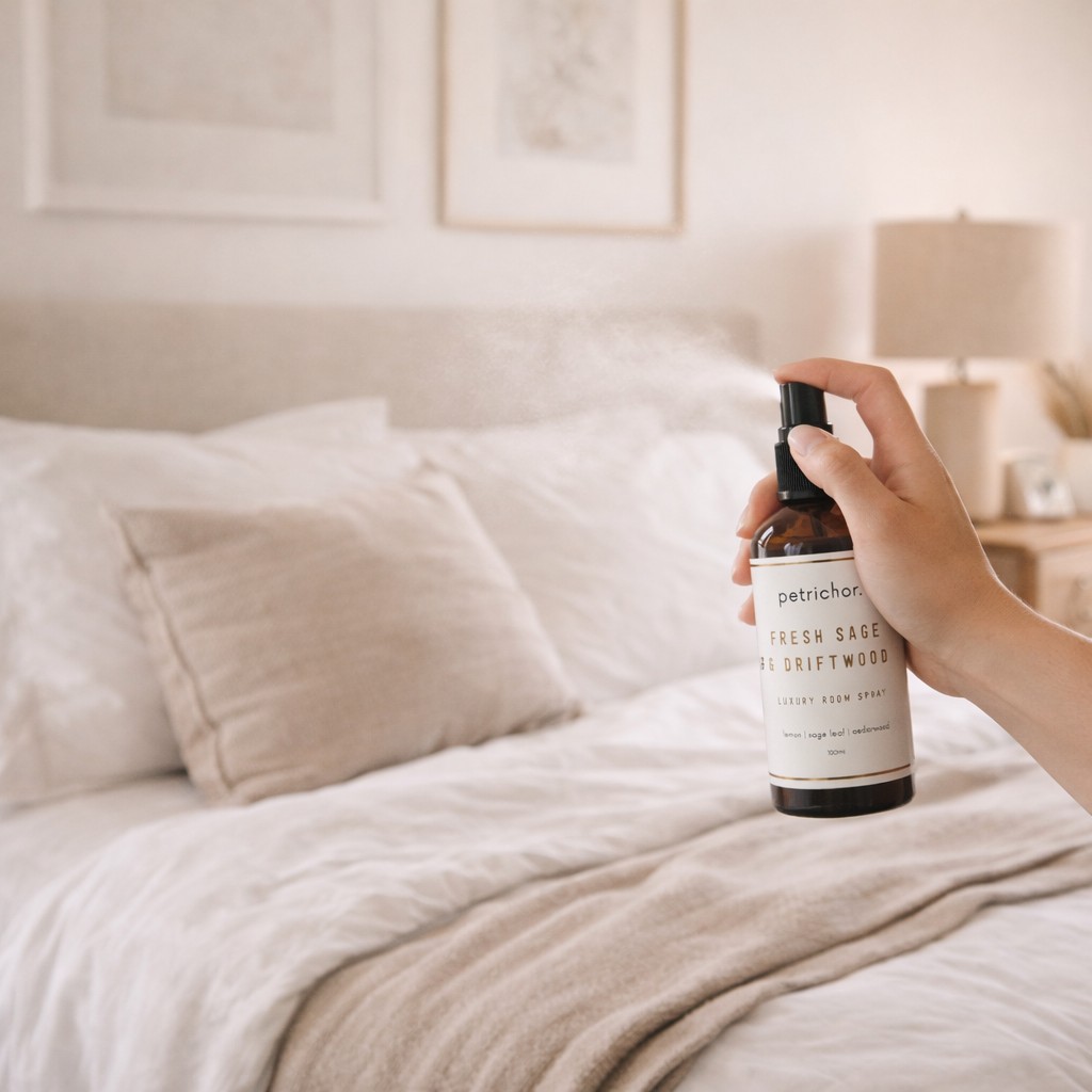 Hand holding a bottle of petrichor diffuser spray over a bed
