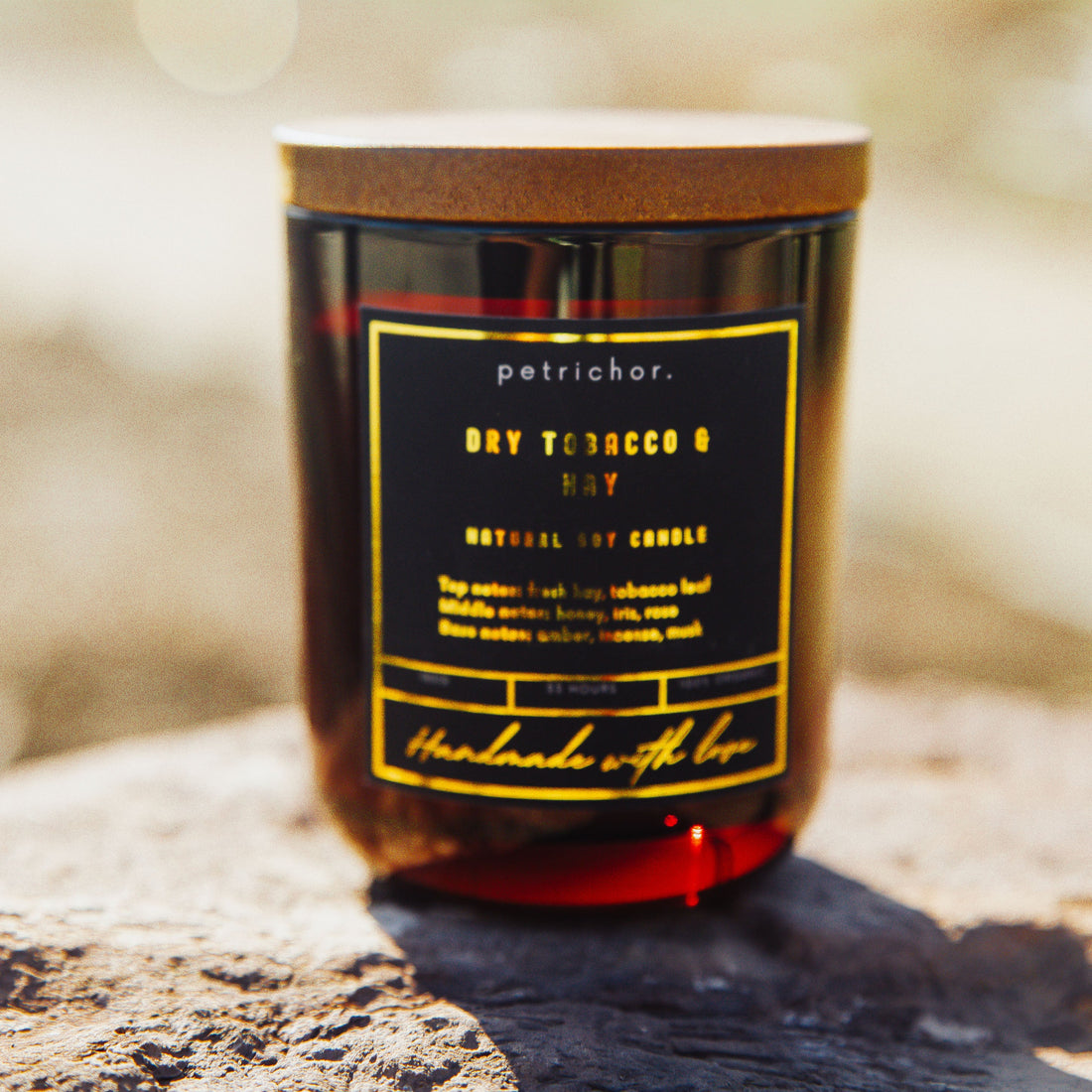 Handmade Soy Candles - Dry Tobacco & Hay - 33+ Hrs Burn Time | Petrichor