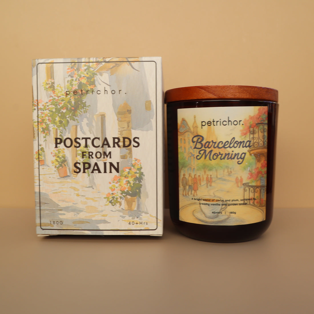 Candle jar with 'Barcelona Morning' label on a beige background
