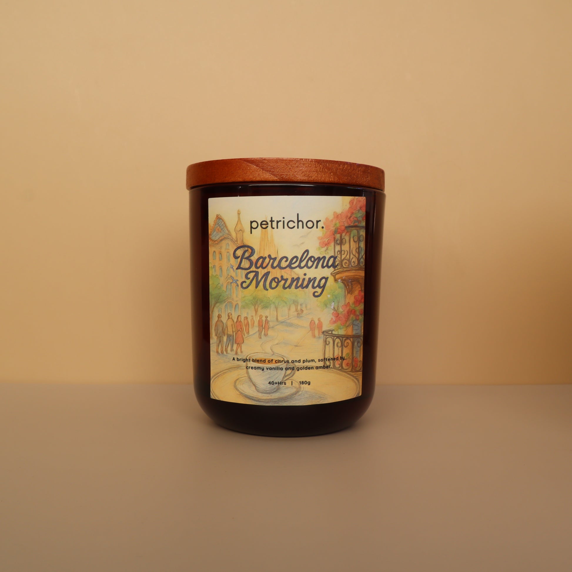 Candle jar with 'Barcelona Morning' label on a beige background