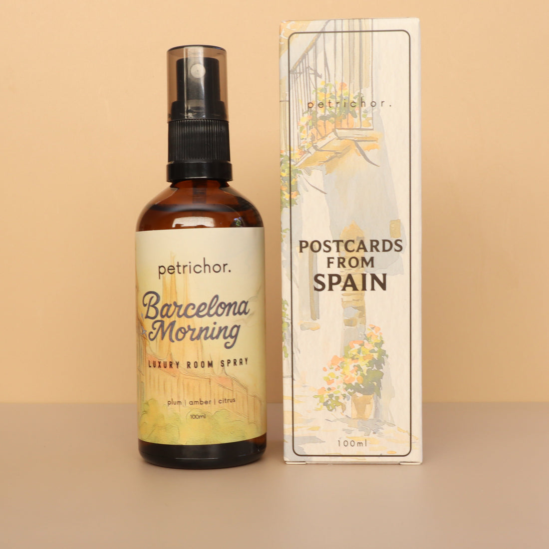 Petrichor Barcelona Morning room spray bottle on a beige background