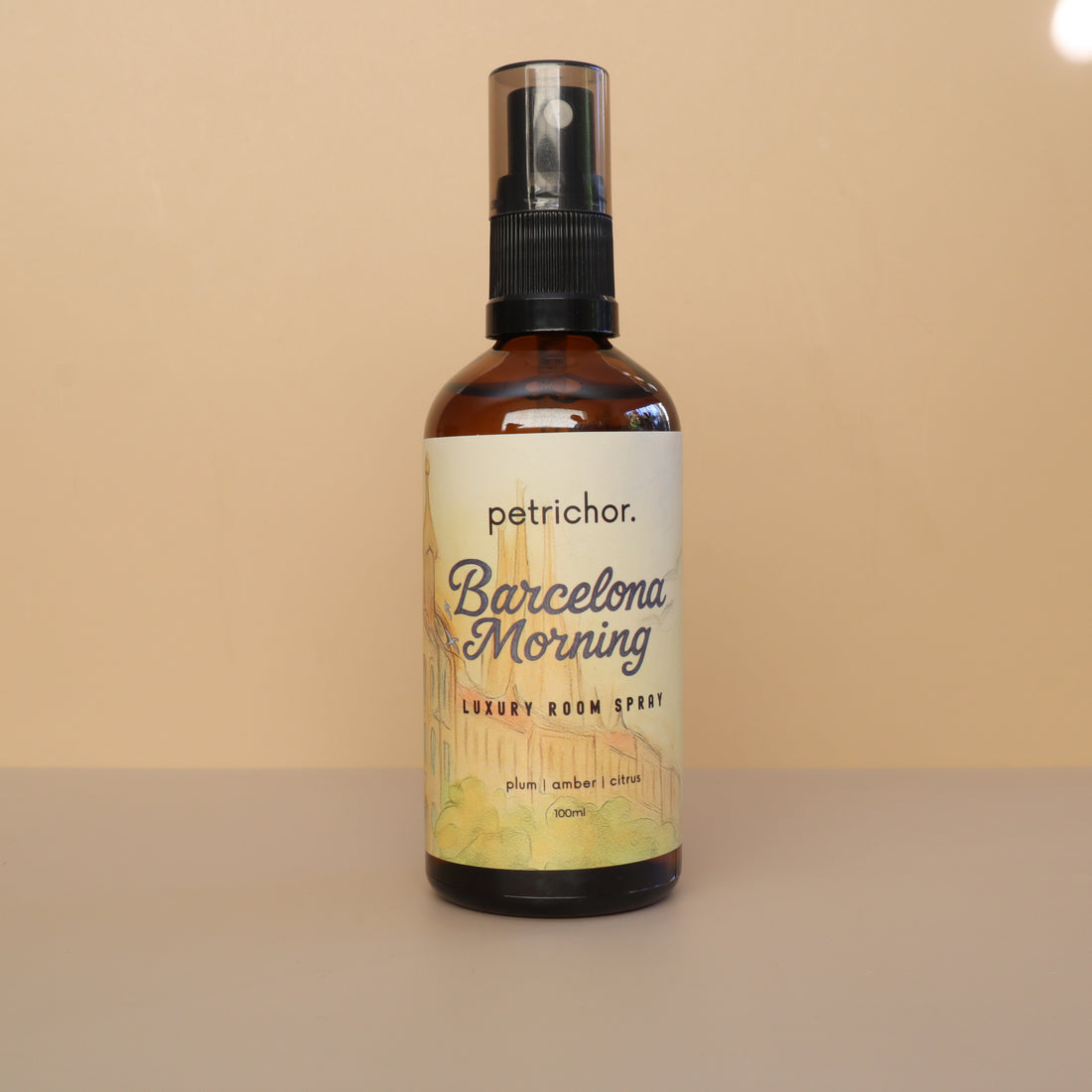 Petrichor Barcelona Morning room spray bottle on a beige background