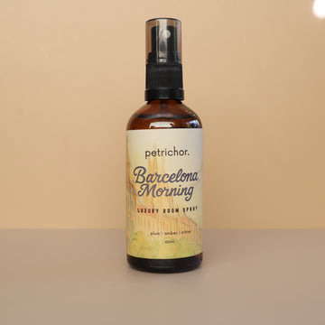 Petrichor Barcelona Morning room spray bottle on a beige background