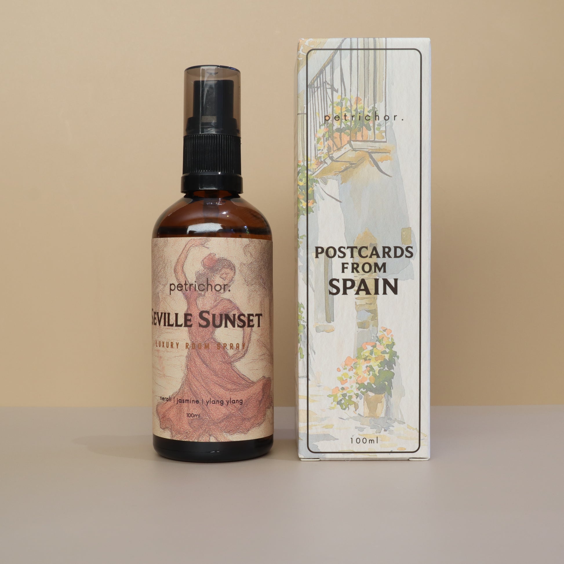 Bottle and packaging of 'Seville Sunset' room spray by petrachor with a 'Postcards from Spain' theme.