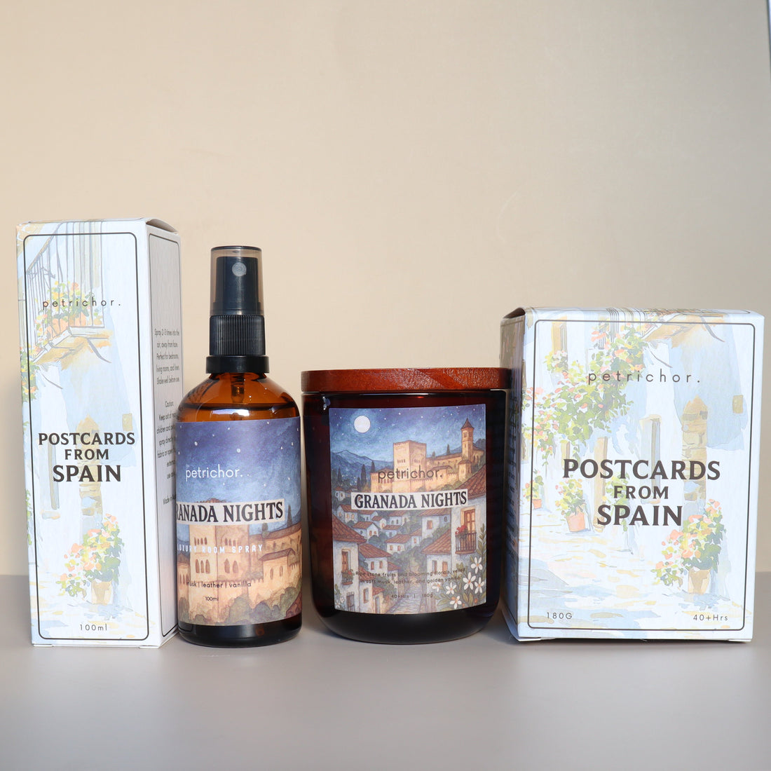 Two 'Granada Nights' products and 'Postcards from Spain' packaging on a surface.