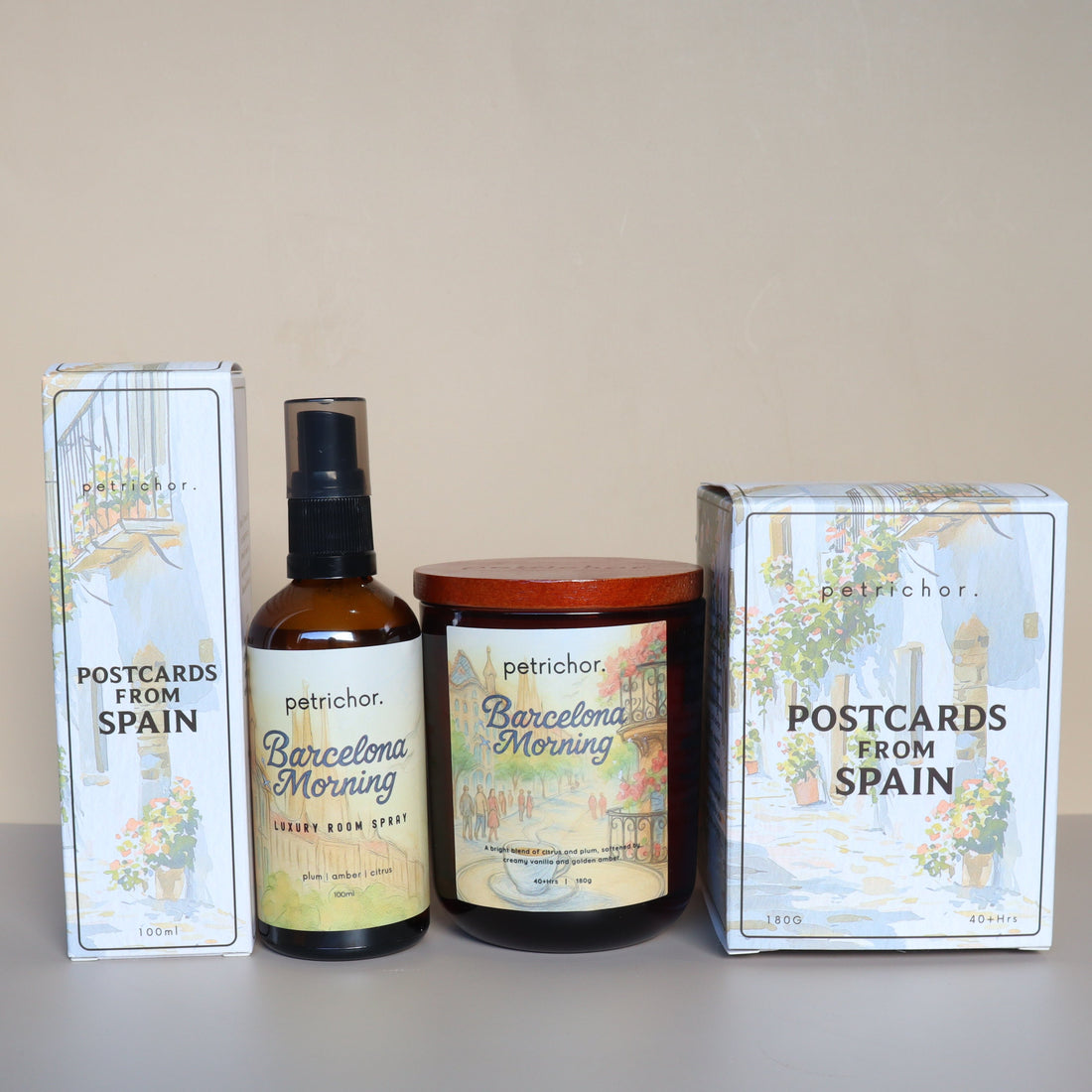 Two bottles of 'Barcelona Morning' and 'Postcards from Spain' on a surface.