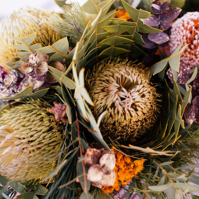 Close-up of a bouquet with protea flowers and greenery on a white background